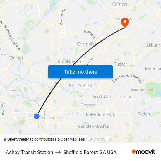 Ashby Transit Station to Sheffield Forest GA USA map