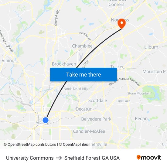 University Commons to Sheffield Forest GA USA map