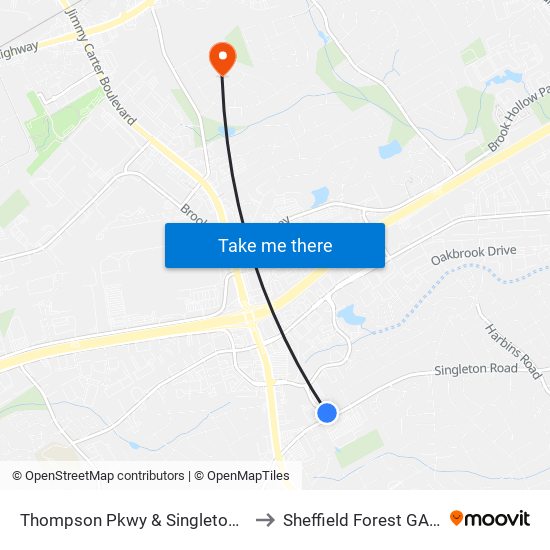Thompson Pkwy & Singleton Rd Ib to Sheffield Forest GA USA map