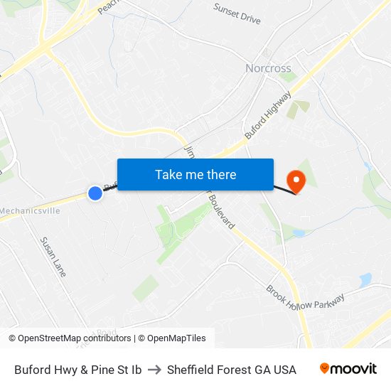 Buford Hwy & Pine St Ib to Sheffield Forest GA USA map