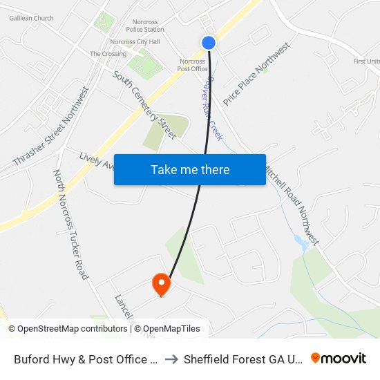 Buford Hwy & Post Office Ob to Sheffield Forest GA USA map