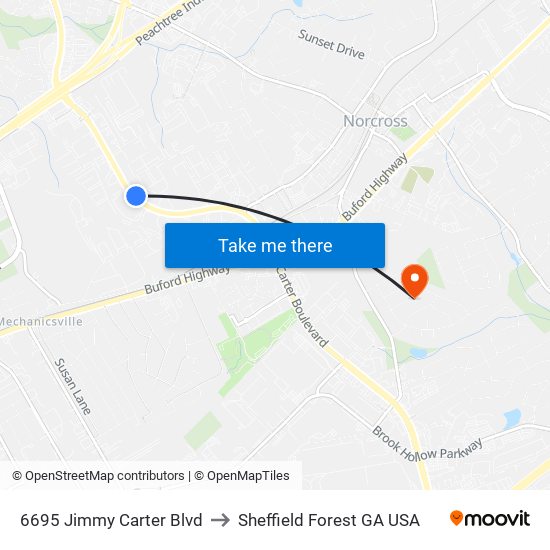 6695 Jimmy Carter Blvd to Sheffield Forest GA USA map