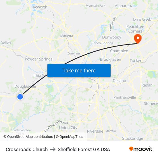 Crossroads Church to Sheffield Forest GA USA map