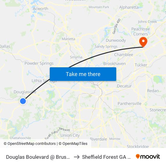 Douglas Boulevard @ Bruster's to Sheffield Forest GA USA map
