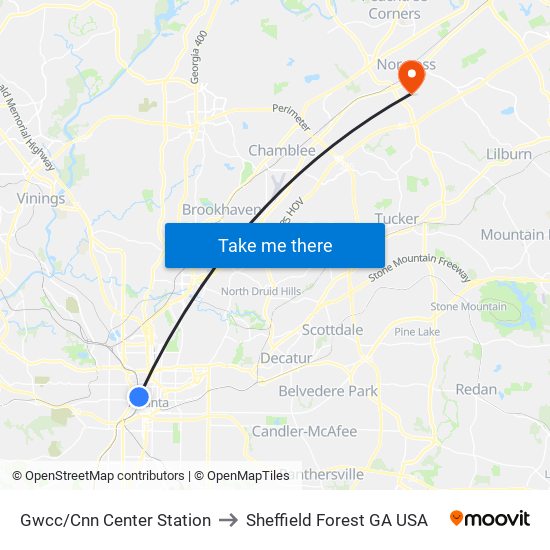 Gwcc/Cnn Center Station to Sheffield Forest GA USA map