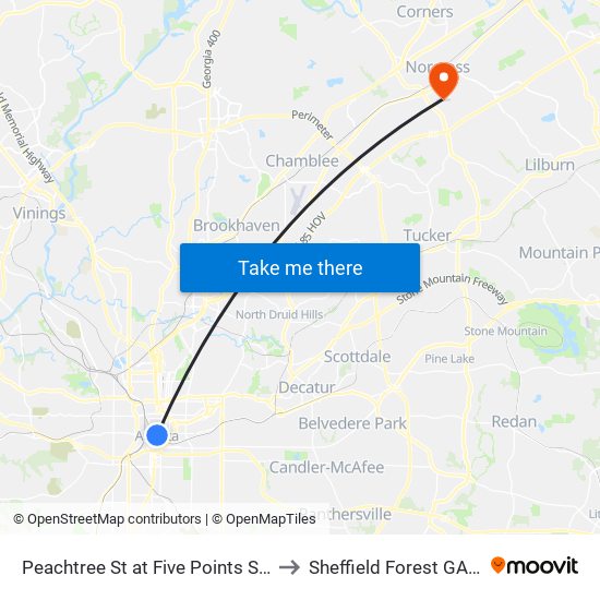 Peachtree St at Five Points Station to Sheffield Forest GA USA map