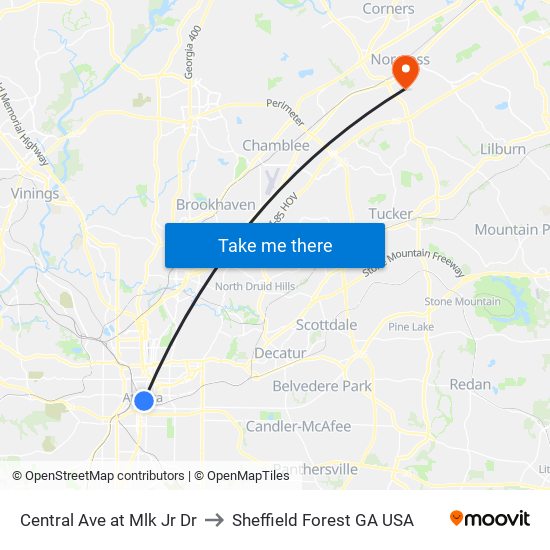 Central Ave at Mlk Jr Dr to Sheffield Forest GA USA map