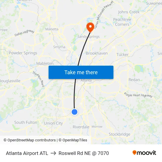 Atlanta Airport ATL to Roswell Rd NE @ 7070 map