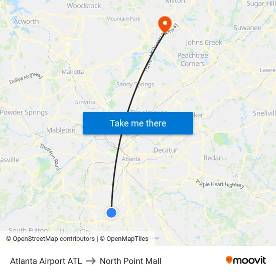 Atlanta Airport ATL to North Point Mall map