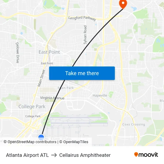 Atlanta Airport ATL to Cellairus Amphitheater map
