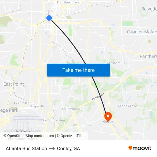 Atlanta Bus Station to Conley, GA map