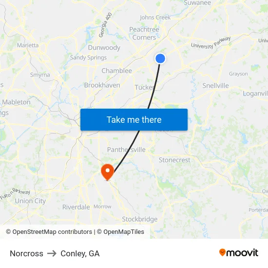 Norcross to Conley, GA map