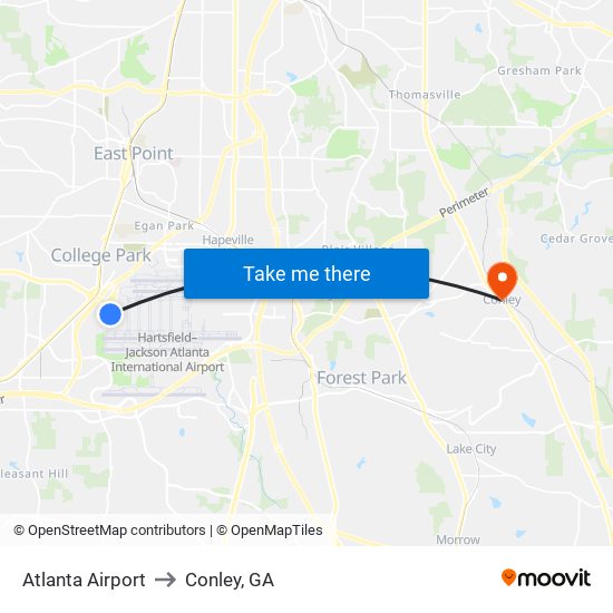 Atlanta Airport to Conley, GA map