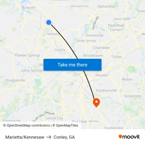 Marietta/Kennesaw to Conley, GA map