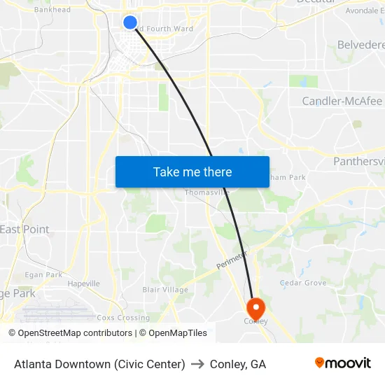Atlanta Downtown (Civic Center) to Conley, GA map