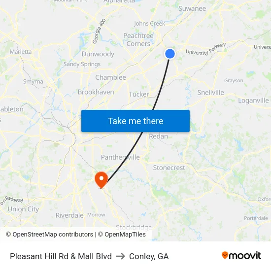 Pleasant Hill Rd & Mall Blvd to Conley, GA map