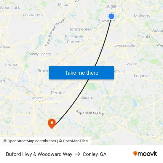 Buford Hwy & Woodward Way to Conley, GA map