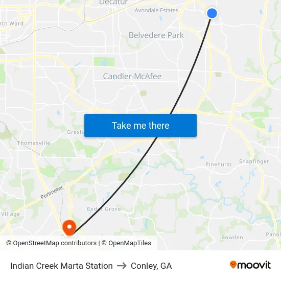 Indian Creek Marta Station to Conley, GA map
