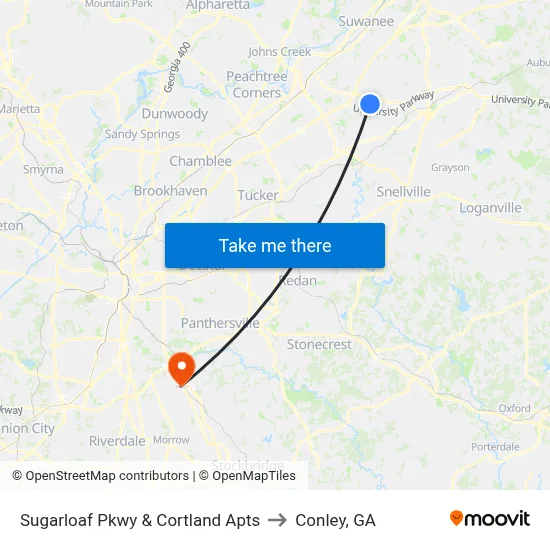 Sugarloaf Pkwy & Cortland Apts to Conley, GA map