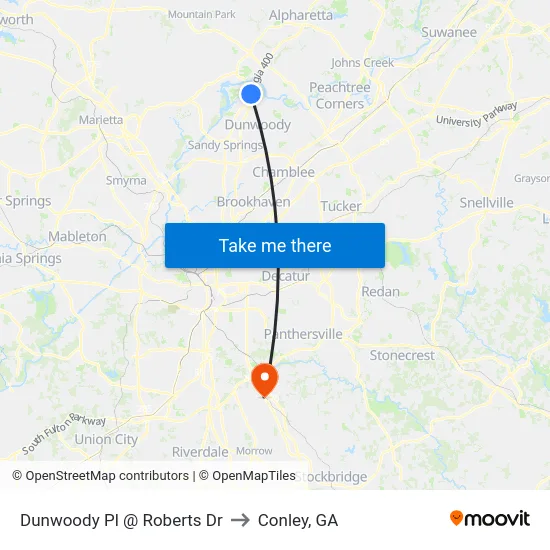 Dunwoody Pl @ Roberts Dr to Conley, GA map