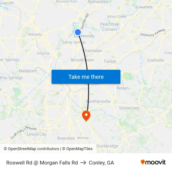 Roswell Rd @ Morgan Falls Rd to Conley, GA map