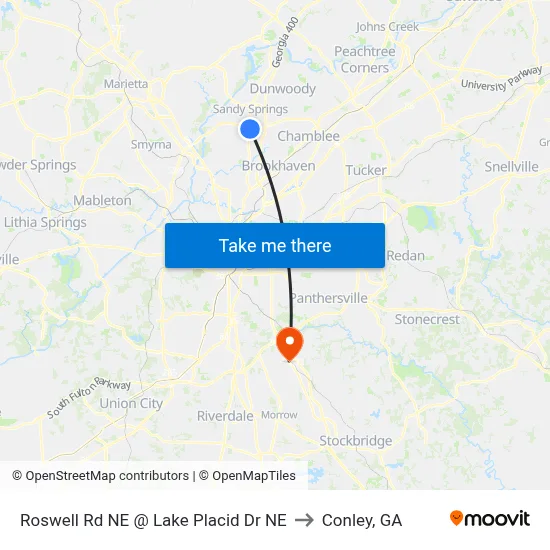 Roswell Rd NE @ Lake Placid Dr NE to Conley, GA map