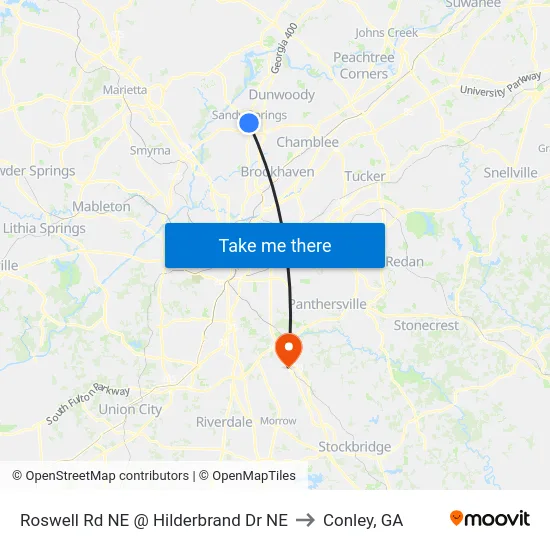 Roswell Rd NE @ Hilderbrand Dr NE to Conley, GA map