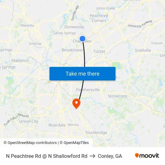 N Peachtree Rd @ N Shallowford Rd to Conley, GA map