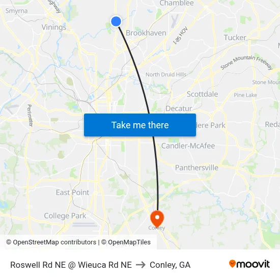 Roswell Rd NE @ Wieuca Rd NE to Conley, GA map
