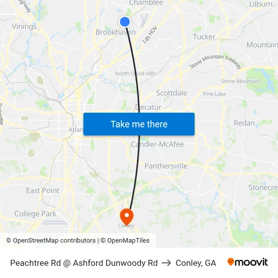 Peachtree Rd @ Ashford Dunwoody Rd to Conley, GA map