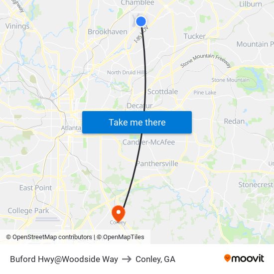 Buford Hwy@Woodside Way to Conley, GA map