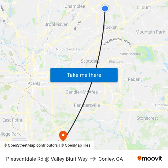 Pleasantdale Rd @ Valley Bluff Way to Conley, GA map