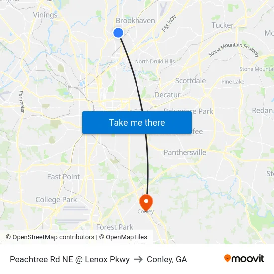 Peachtree Rd NE @ Lenox Pkwy to Conley, GA map