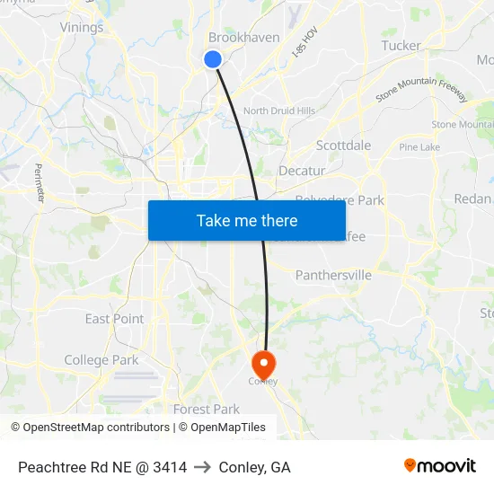 Peachtree Rd NE @ 3414 to Conley, GA map