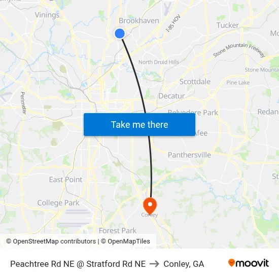 Peachtree Rd NE @ Stratford Rd NE to Conley, GA map