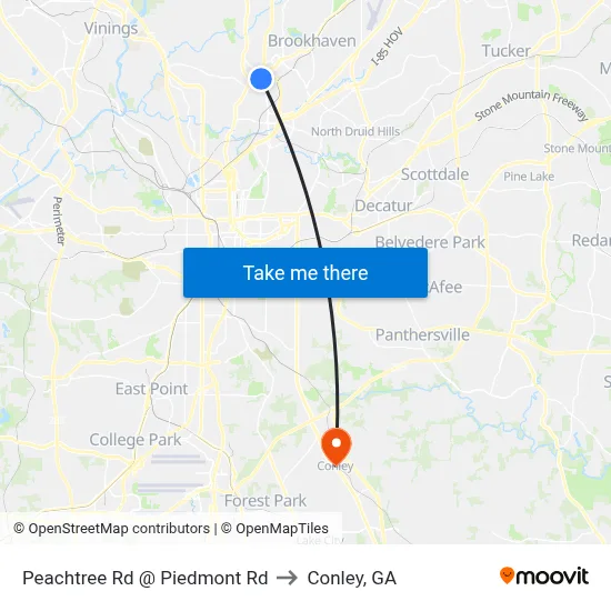 Peachtree Rd @ Piedmont Rd to Conley, GA map