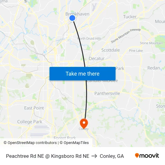 Peachtree Rd NE @ Kingsboro Rd NE to Conley, GA map