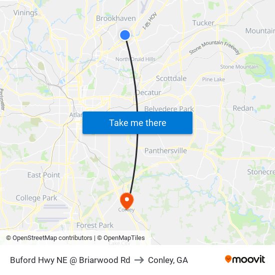 Buford Hwy NE @ Briarwood Rd to Conley, GA map