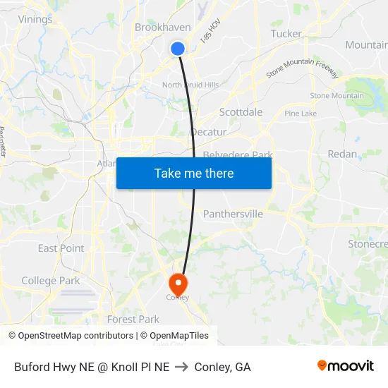 Buford Hwy NE @ Knoll Pl NE to Conley, GA map