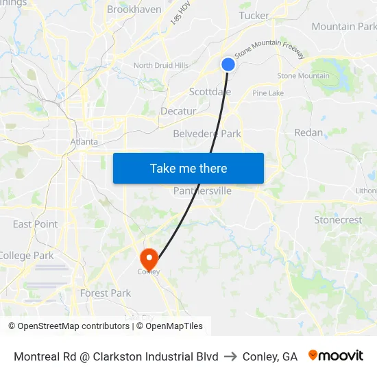 Montreal Rd @ Clarkston Industrial Blvd to Conley, GA map