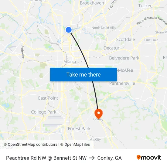 Peachtree Rd NW @ Bennett St NW to Conley, GA map