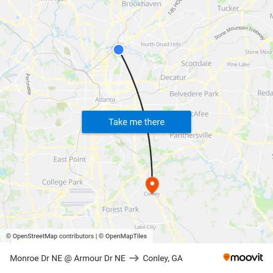 Monroe Dr NE @ Armour Dr NE to Conley, GA map