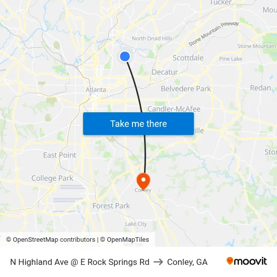 N Highland Ave @ E Rock Springs Rd to Conley, GA map