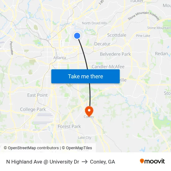 N Highland Ave @ University Dr to Conley, GA map