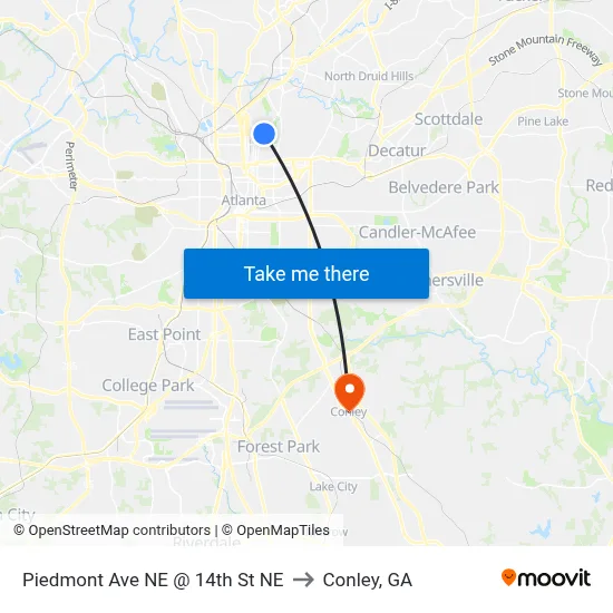 Piedmont Ave NE @ 14th St NE to Conley, GA map