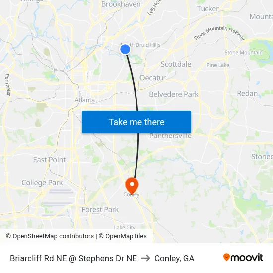 Briarcliff Rd NE @ Stephens Dr NE to Conley, GA map