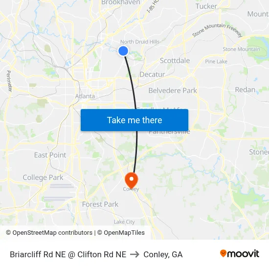 Briarcliff Rd NE @ Clifton Rd NE to Conley, GA map