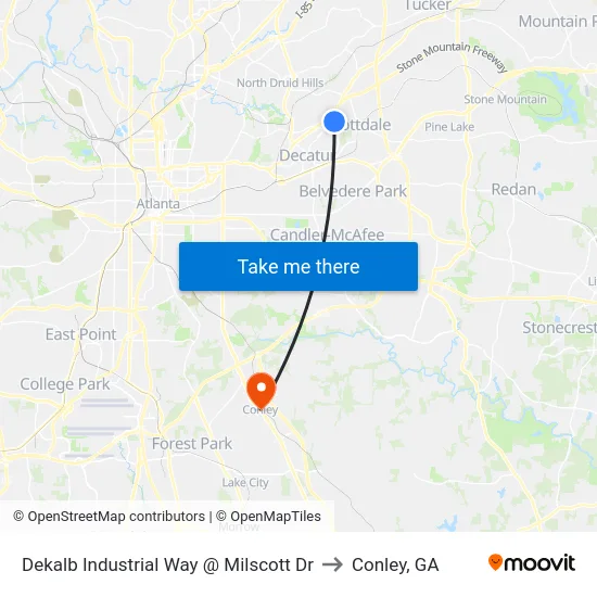 Dekalb Industrial Way @ Milscott Dr to Conley, GA map