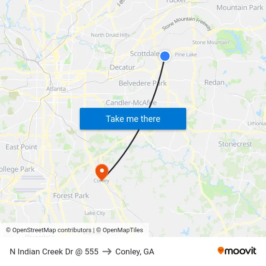 N Indian Creek Dr @ 555 to Conley, GA map