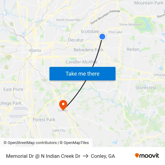 Memorial Dr @ N Indian Creek Dr to Conley, GA map